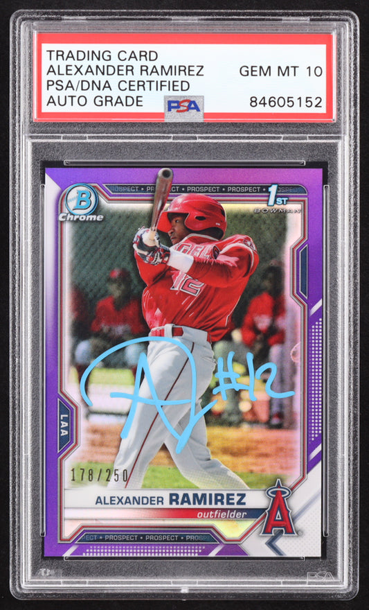 Alexander Ramirez Signed 2021 Bowman Chrome Prospects Purple Refractors #BCP145 #178/250 RC (PSA | Auto 10) Rookie Card | Serially Numbered #178 / 250