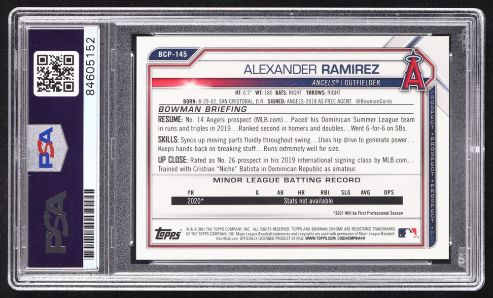 Alexander Ramirez Signed 2021 Bowman Chrome Prospects Purple Refractors #BCP145 #178/250 RC (PSA | Auto 10) Rookie Card | Serially Numbered #178 / 250