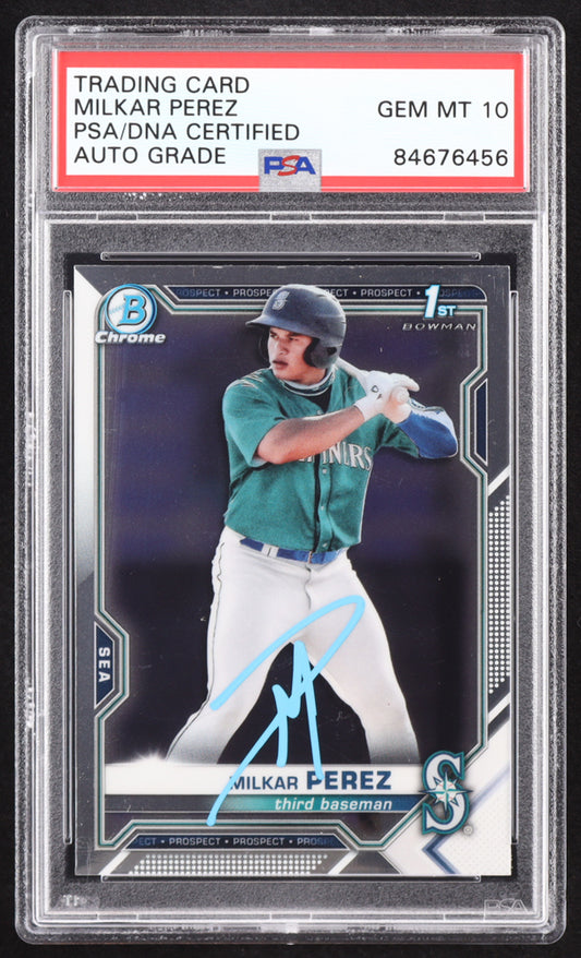 Milkar Perez Signed 2021 Bowman Chrome Prospects #BCP215 RC (PSA | Auto 10) Rookie Card