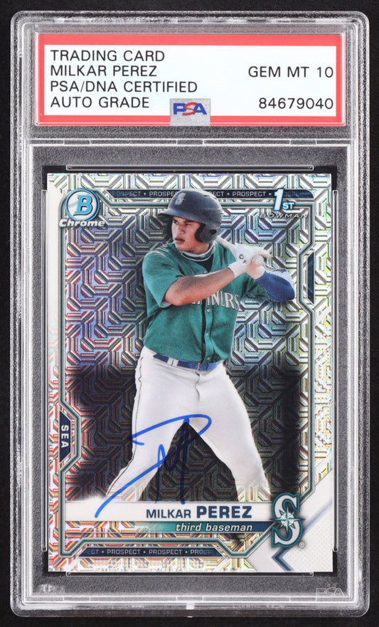 Milkar Perez Signed 2021 Bowman Chrome Mega Box Prospects Refractors #BCP215 RC (PSA | Auto 10) Rookie Card