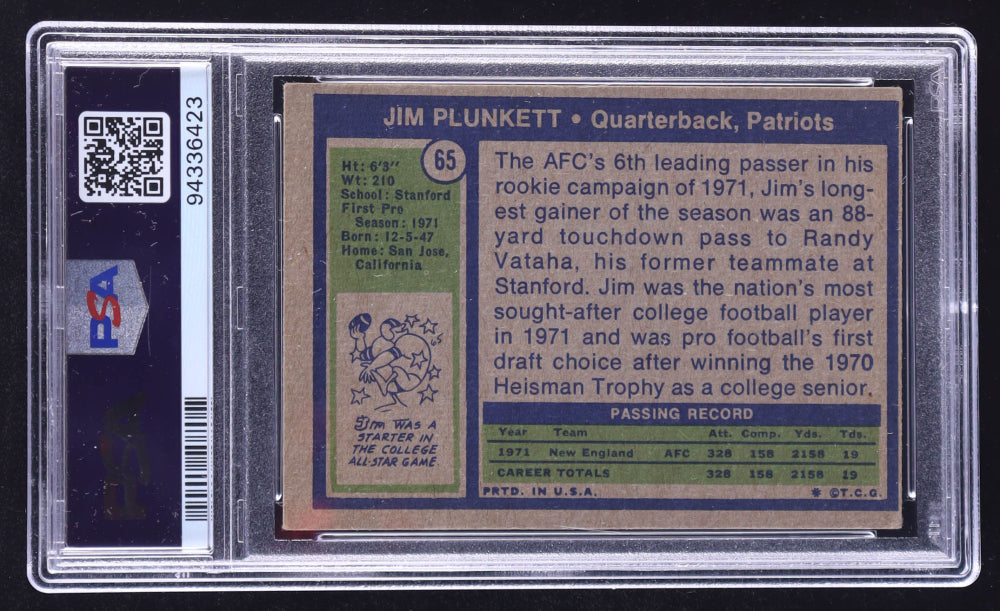 Jim Plunkett Signed 1972 Topps #65 RC (PSA | Auto 9) - Rookie Card