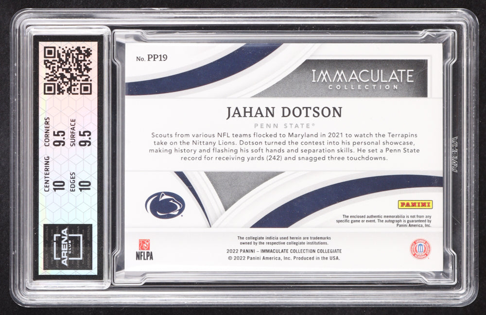 Jahan Dotson 2022 Immaculate Collection Collegiate Premium Patch Rookie Autographs Emerald #19 RC #07/13 (Arena 10 | Autograph Grade 10) Rookie Card | Serially Numbered #07 / 13