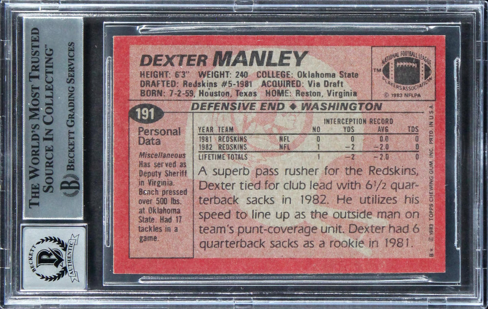 Dexter Manley Signed 1983 Topps #191 RC (BGS) - Autograph Graded (BGS) 10 - Rookie Card