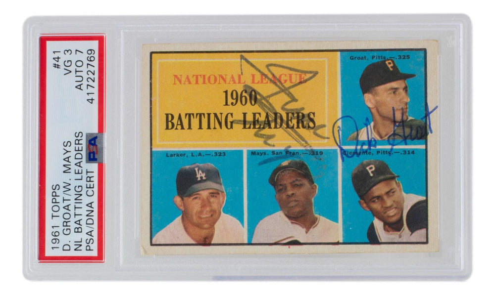 Willie Mays & Dick Groat Signed Dick Groat / Norm Larker / Willie Mays / Roberto Clemente 1961 Topps NL Batting Leaders #41 (PSA 3 | Autograph Graded 7)  -Autograph Graded 7