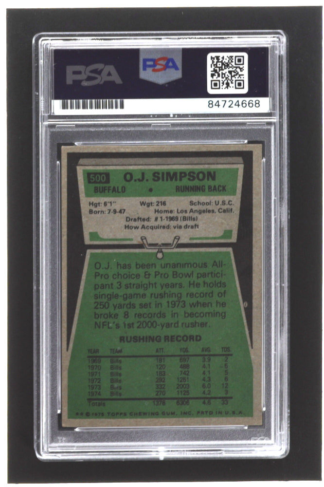 O.J. Simpson Signed 1975 Topps #500 (PSA)
