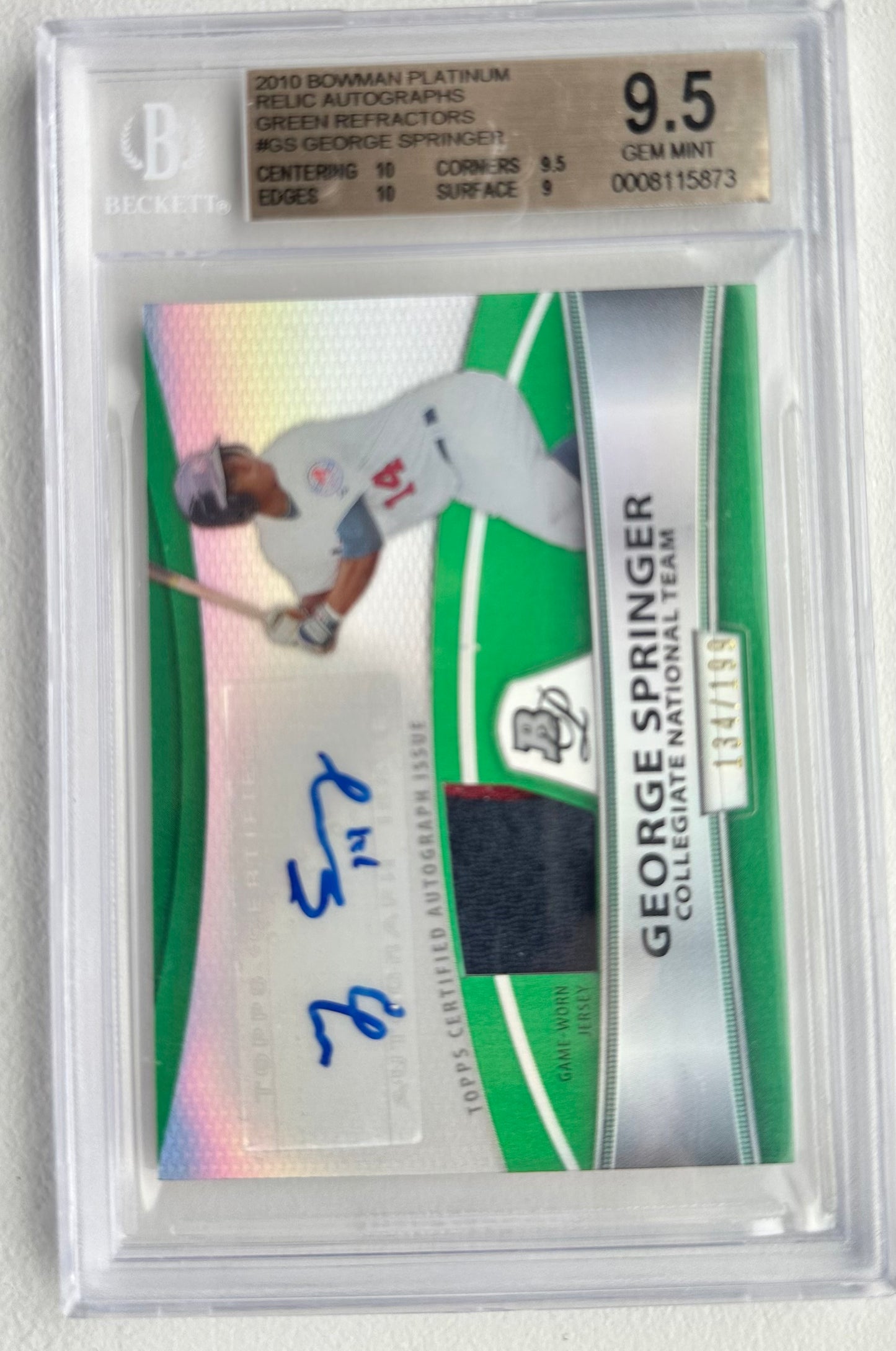 George Springer 2010 Bowman Platinum Relic Autographs Green Refractors #GS - #134/199 (BGS 9.5) - Autograph graded BGS 10 - Rookie Card