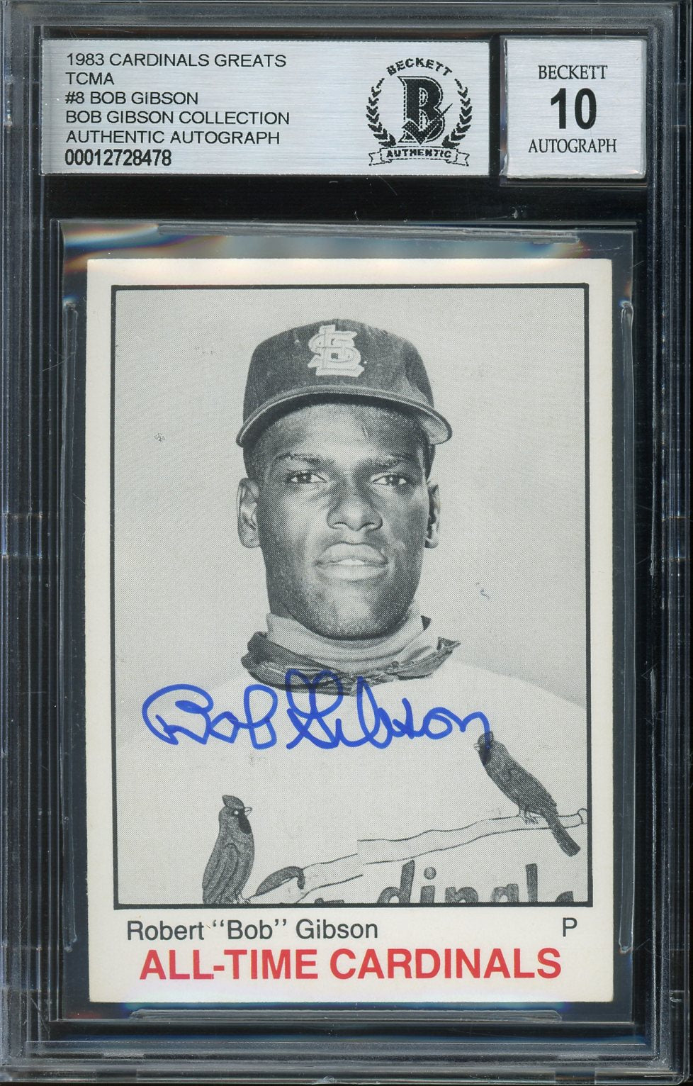 Bob Gibson Signed 1983 TCMA Cardinals Greats Baseball Card #8 - Auto Graded 10! (BAS Encapsulated)