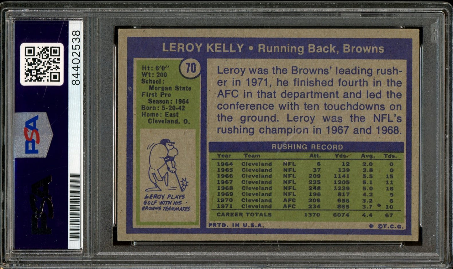 Leroy Kelly signed "#44” 1972 Topps  #70- PSA/DNA Authentic