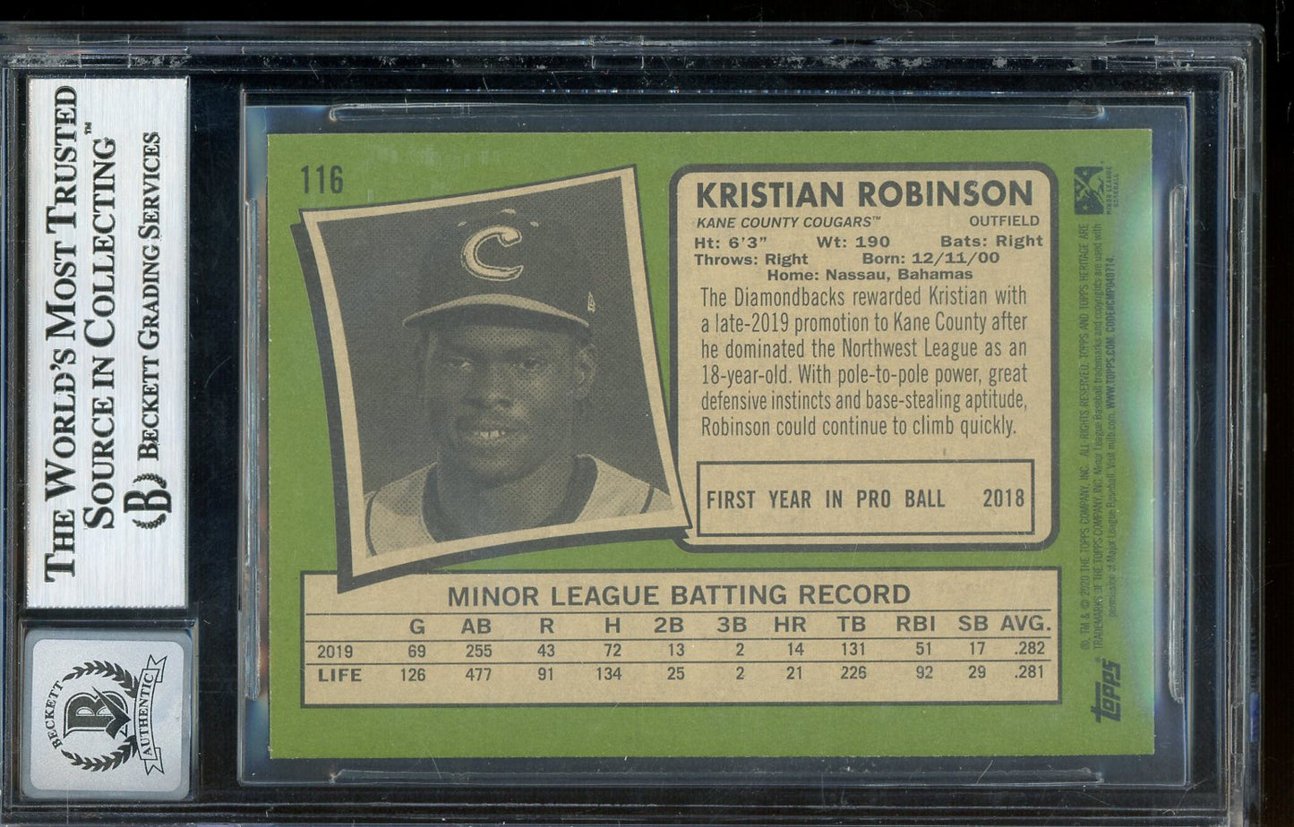 Kristian Robinson Signed 2020 Topps Heritage Minors Baseball Card #116- Auto Graded 10 (BAS) - Rookie Card
