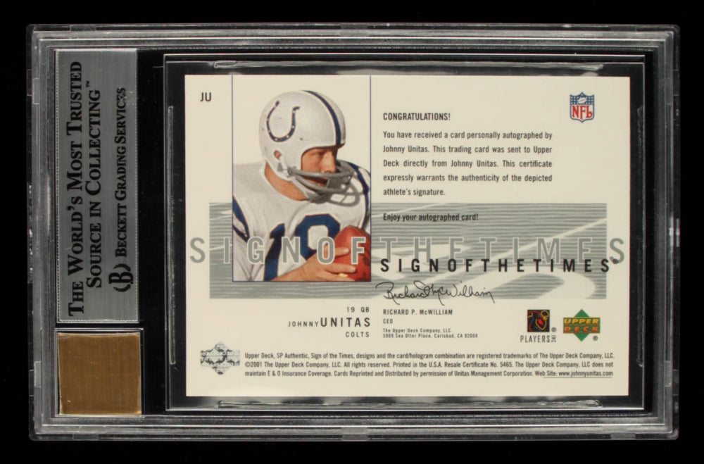 Johnny Unitas 2001 SP Authentic Sign of the Times #JU (BGS 9) - Autograph Graded BGS 10