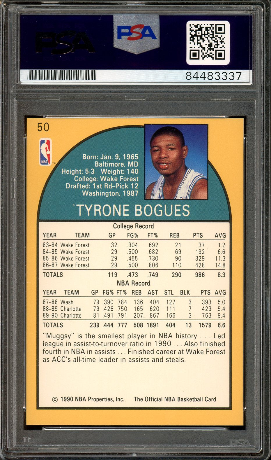 Muggsy Bogues Signed 1990 Hoops Basketball Card #50 (PSA/DNA Encapsulated)