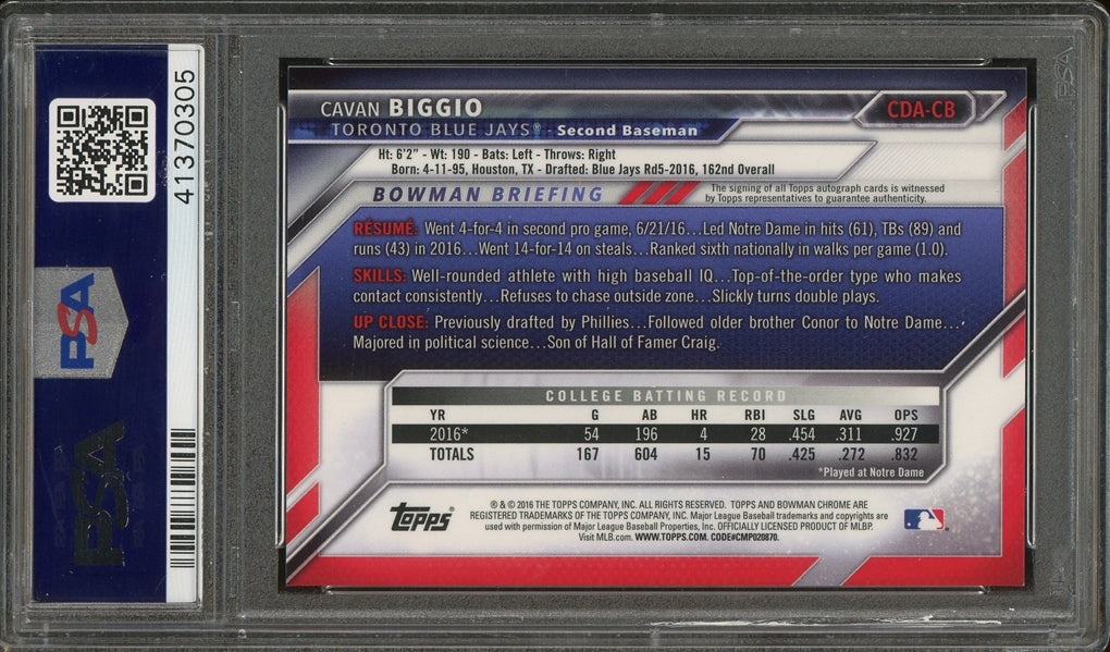 Cavan Biggio 2016 Bowman Draft Chrome Draft Picks 1st Bowman Autographed #CDACB- Graded Gem Mint 10 (PSA) - Rookie Card