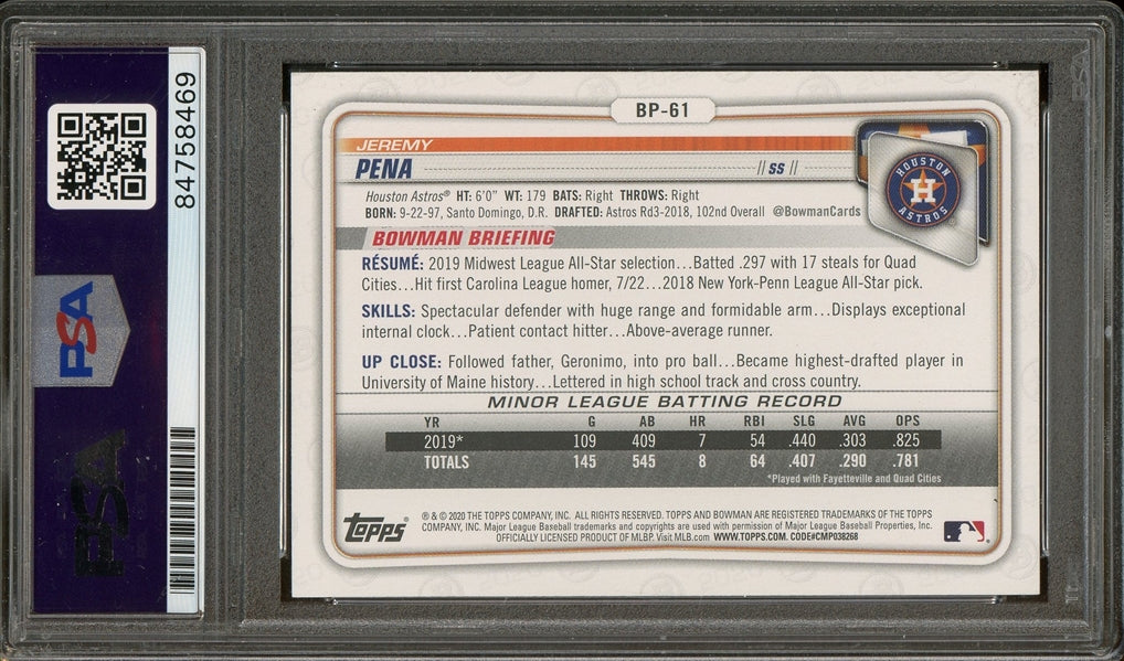 Jeremy Pena Signed 2020 Bowman Prospects 1st Bowman #BP-61 (PSA/DNA Encapsulated) - Auto grade PSA 10 - Rookie Card