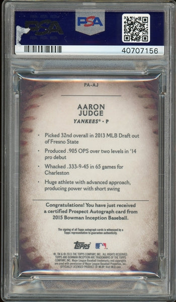 Aaron Judge 2015 Bowman Inception Prospect Autographed #PA-AJ- Graded 8.5 Auto 10- (PSA) - Rookie Card