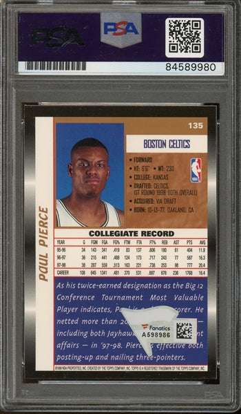 Paul Pierce Signed 1998 Topps #135 - Auto Graded Gem Mint 10! (Fanatics and PSA/DNA Encapsulated)- Rookie Card