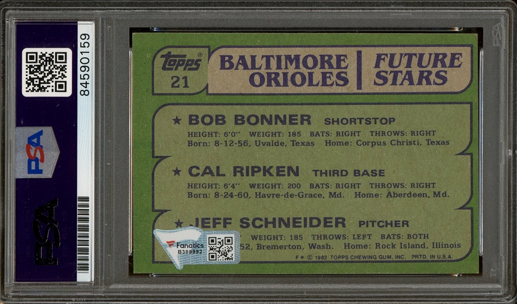 Cal Ripken Jr. "2007 Hall of Fame" Signed 1982 Topps #21- PSA Authentic/Fanatics - Rookie Card