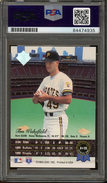 Tim Wakefield Signed 1993 Leaf Gold Leaf Rookies #8 - Auto Graded Gem Mint 10 (PSA/DNA Encapsulated) - Rookie Card