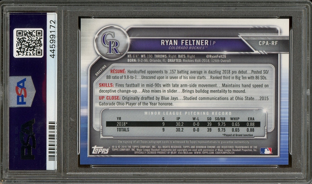 Ryan Feltner 2019 Bowman Chrome Prospects Autographs 1st Bowman #CPARF- Graded Gem Mint 10 (PSA) - Rookie Card