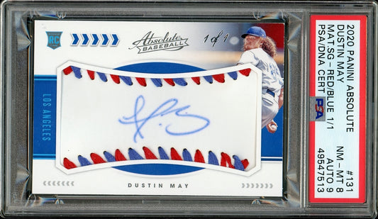 Dustin May 2020 Panini Absolute Materials Signatures Red Blue Autographed #131- #1 of 1 - Graded NM-MT 8 Auto 9 - POP 1 (PSA) - Rookie Card