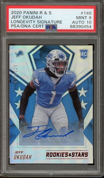 Jeff Okudah 2020 Panini Rookies & Stars Longevity Autograph #140 - #52 of 199 - Graded Mint 9 (PSA) with Gem Mint 10 Auto - Rookie Card