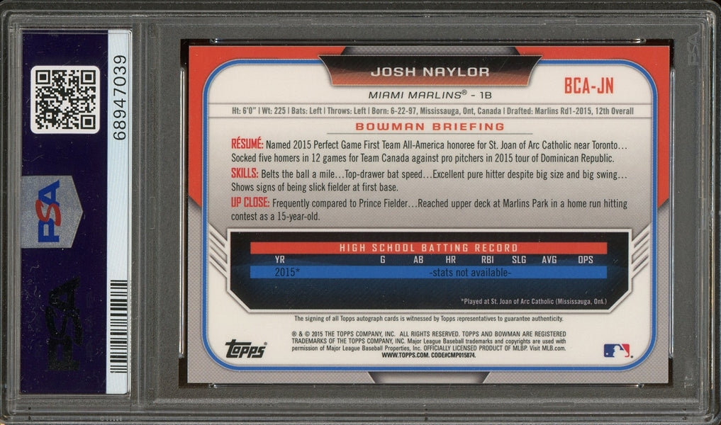 Josh Naylor 2015 Bowman Chrome Draft 1st Bowman Autograph #BCAJN - Graded NM-MT 8 (PSA) with Gem Mint 10 Auto - Rookie Card