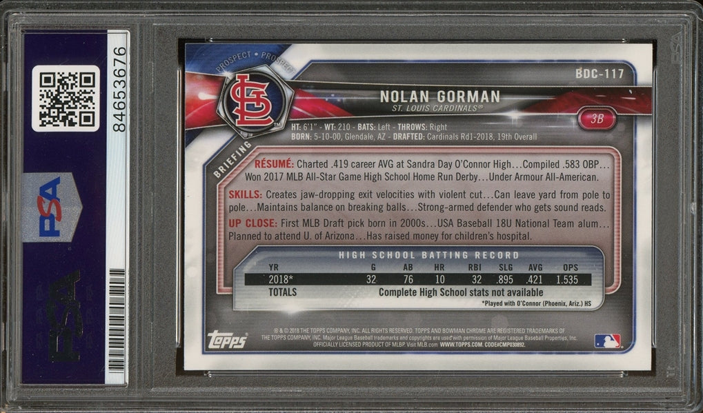 Nolan Gorman Signed 2018 Bowman Draft Chrome 1st Bowman #BDC-117 - Auto Graded Gem Mint 10! (PSA/DNA Encapsulated)- Rookie Card