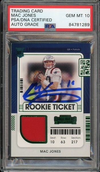 Mac Jones Signed 2021 Panini Contenders Rookie Ticket Green Relic #RTS-MJO - Auto Graded Gem Mint 10 (PSA) - Rookie Card