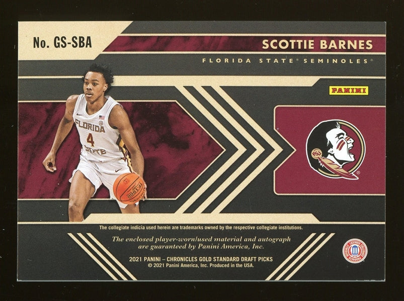 Scottie Barnes 2021 Panini Chronicles Draft Picks Gold Standard Materials Gold RPA Basketball Card #CS-SBA- #8 of 10 - Rookie Card