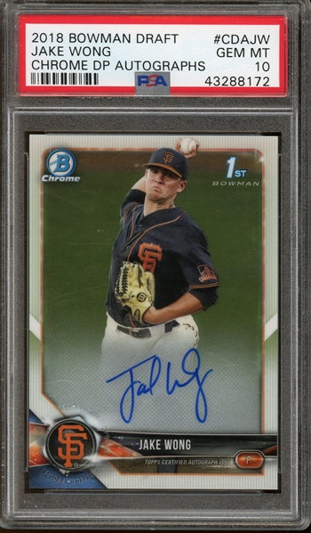 Jake Wong 2018 Bowman Draft Chrome Draft Picks 1st Bowman Autographed #CDAJW- Graded Gem Mint 10 (PSA) - Rookie Card