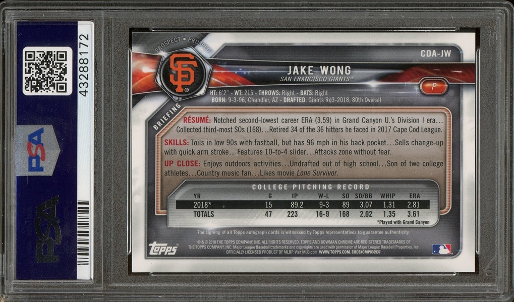 Jake Wong 2018 Bowman Draft Chrome Draft Picks 1st Bowman Autographed #CDAJW- Graded Gem Mint 10 (PSA) - Rookie Card