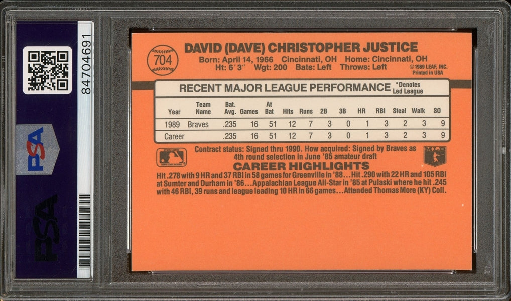 David Justice Signed 1990 Donruss #704- Auto Graded Gem Mint 10 (PSA) - Rookie Card