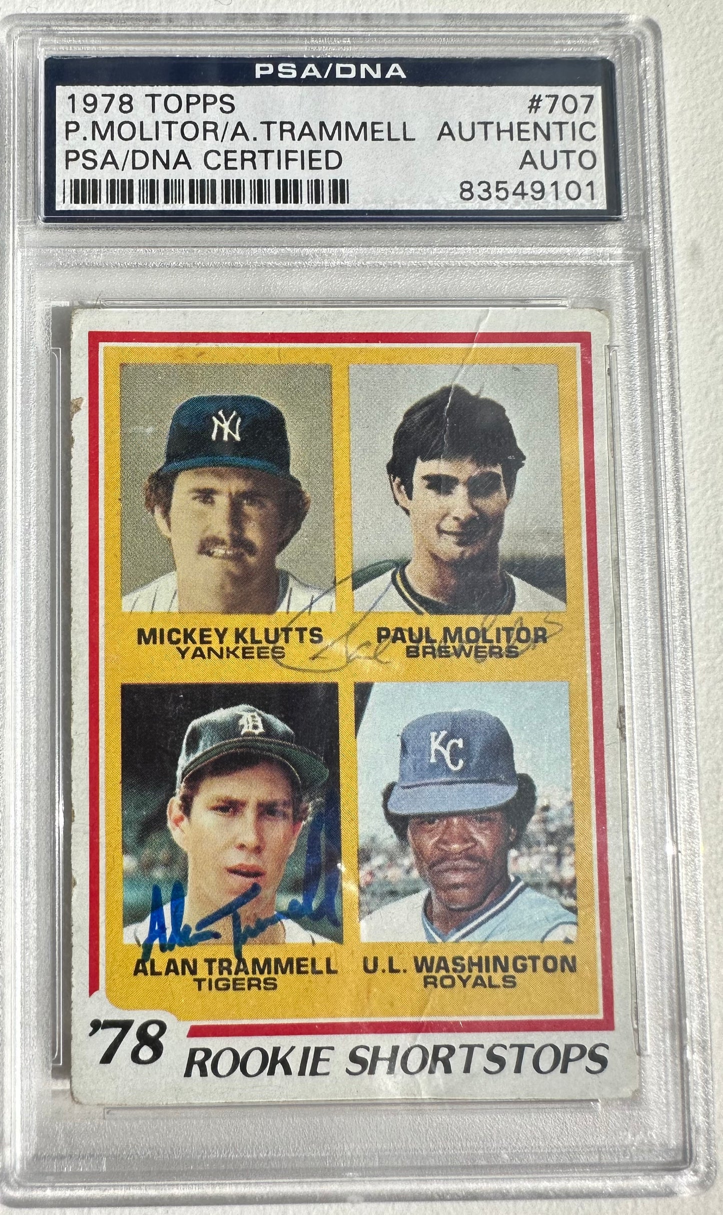 Paul Molitor/Alan Trammell  dual Signed 1978 Topps #707 Rookie Shortstops / Mickey Klutts / Paul Molitor RC / Alan Trammell RC / U.L. Washington  (PSA) - Rookie Card