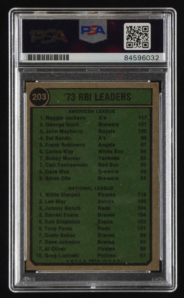 Reggie Jackson Signed Reggie Jackson / Willie Stargell 1974 Topps RBI Leaders #203 - Autograph Graded PSA 10