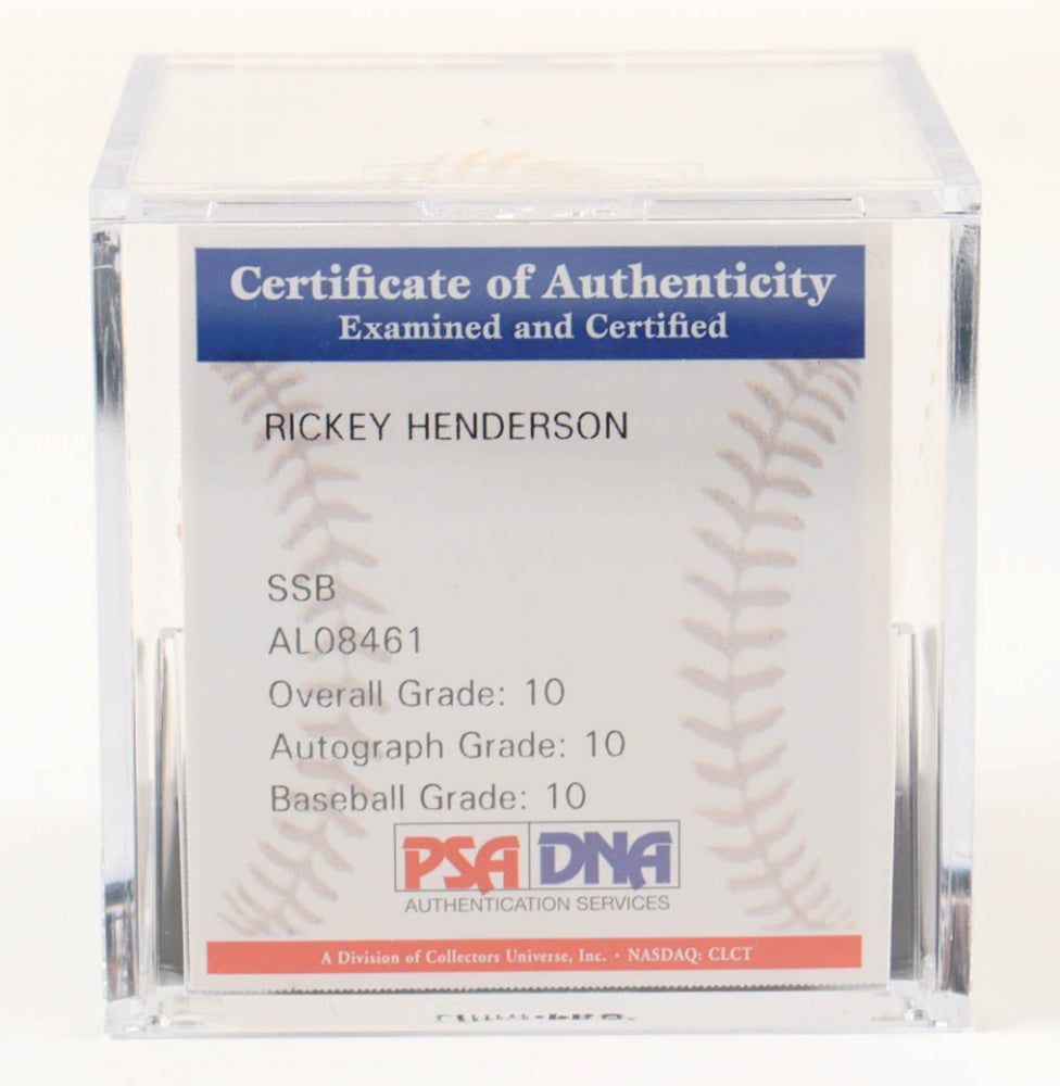 Rickey Henderson Signed Gold Glove Award Baseball with Display Case (PSA - Graded 10) Overall Grade 10 / Autograph Grade 10 / Baseball Grade 10