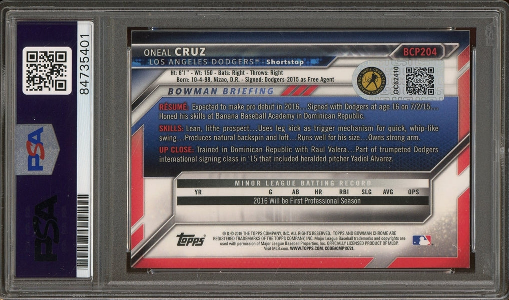 Oneil Cruz 2016 Bowman Chrome Prospects 1st Bowman Baseball Card #BCP204 (PSA/DNA Encapsulated)