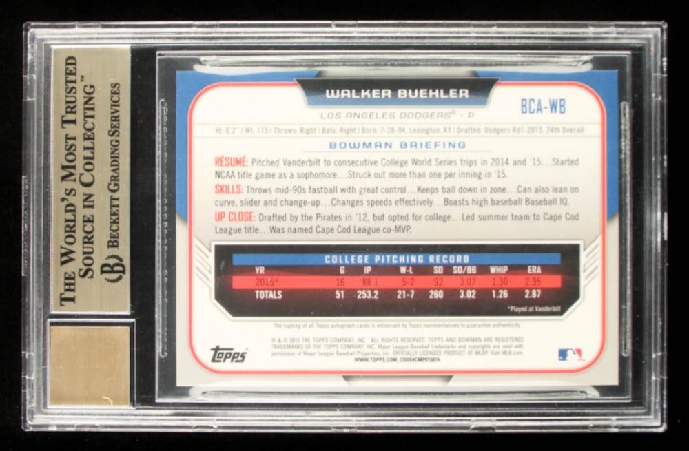 Walker Buehler 2015 Bowman Chrome Draft Draft Pick Autographs #BCAWB RC (BGS 9.5) - Autograph BGS Graded 10 - Rookie Card