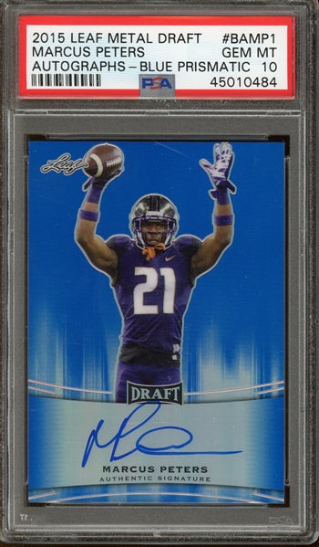 Marcus Peters 2015 Leaf Metal Draft Blue Prismatic Autographs #BAMP1 - #32 of 50 - Graded Gem Mint 10 (PSA) - Rookie Card