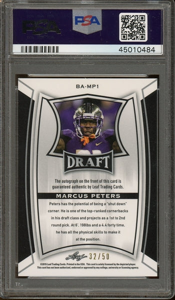 Marcus Peters 2015 Leaf Metal Draft Blue Prismatic Autographs #BAMP1 - #32 of 50 - Graded Gem Mint 10 (PSA) - Rookie Card