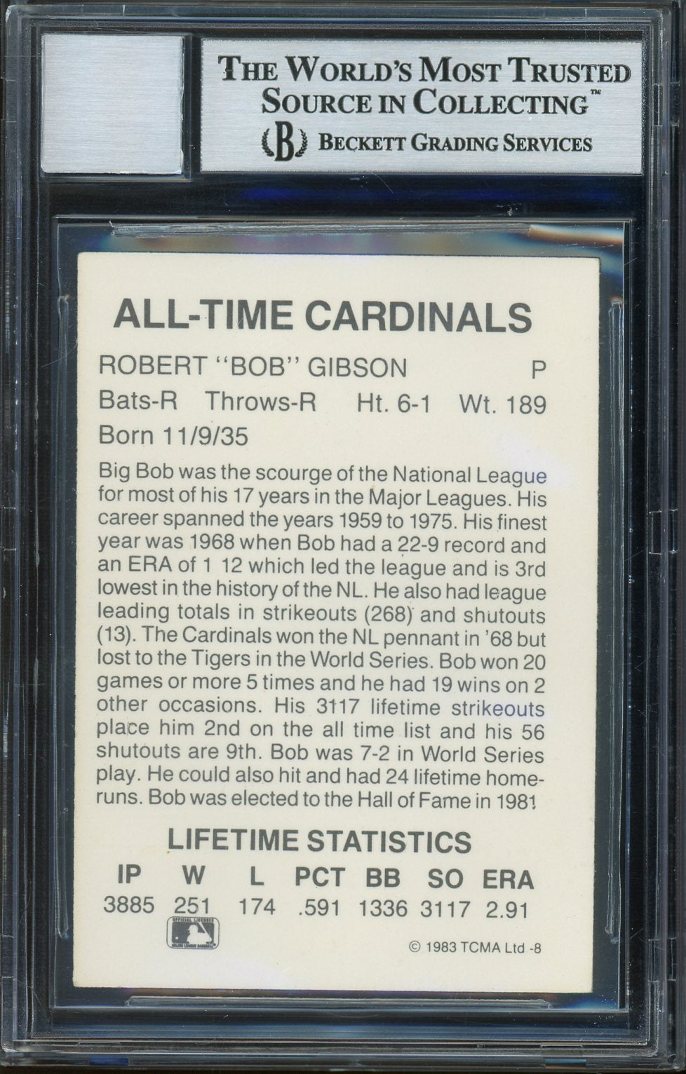 Bob Gibson Signed 1983 TCMA Cardinals Greats Baseball Card #8 - Auto Graded 10! (BAS Encapsulated)