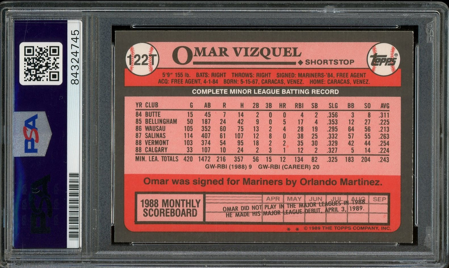 Omar Vizquel Signed 1989 Topps Traded Baseball Card #122T (PSA/DNA ITP Encapsulated) - Rookie Card