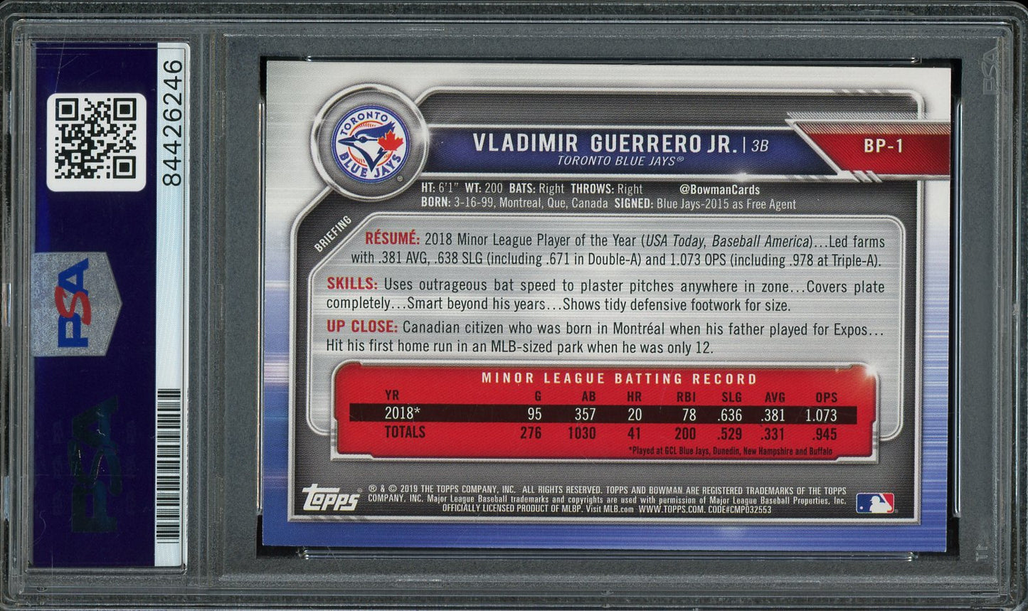 Vladimir Guerrero Jr. Signed 2019 Bowman Prospects #BP-1- Auto Graded 10 (PSA/DNA Encapsulated) - Rookie Card