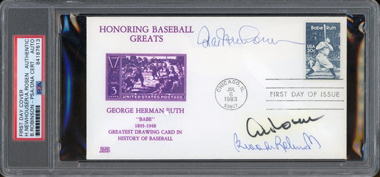 Hal Newhouser, Al Rosen & Brooks Robinson Signed First Day Cover Stamped July 6, 1983 w/ Babe Ruth Stamp (PSA/DNA Encapsulated)