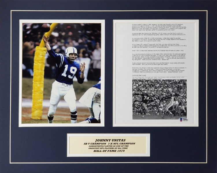 Johnny Unitas Signed (Beckett LOA) Baltimore Colts Full Page Cut Photo in 16x20 Matted Display