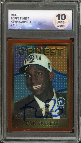 Kevin Garnett Signed 1995 Topps Finest RC #115 - Auto Graded 10! (JSA and DGA - Diamond Authentic) - Rookie Card