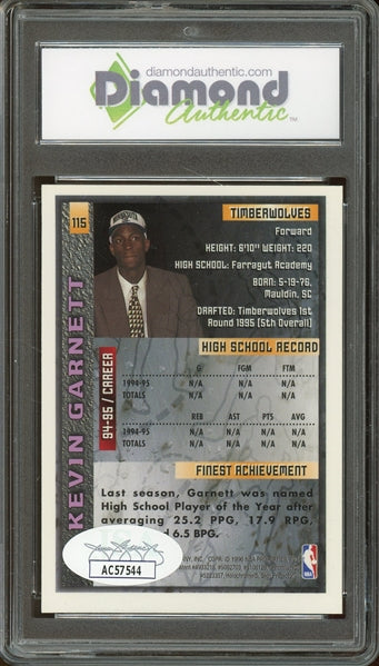 Kevin Garnett Signed 1995 Topps Finest RC #115 - Auto Graded 10! (JSA and DGA - Diamond Authentic) - Rookie Card