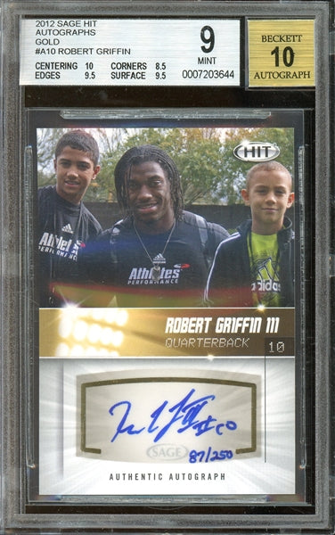 Robert Griffin III 2012 Sage Hit Autographs Gold Autograph #A10 - #87 of 250 - Graded Mint 9 (BGS) with Graded 10 Auto - Rookie Card