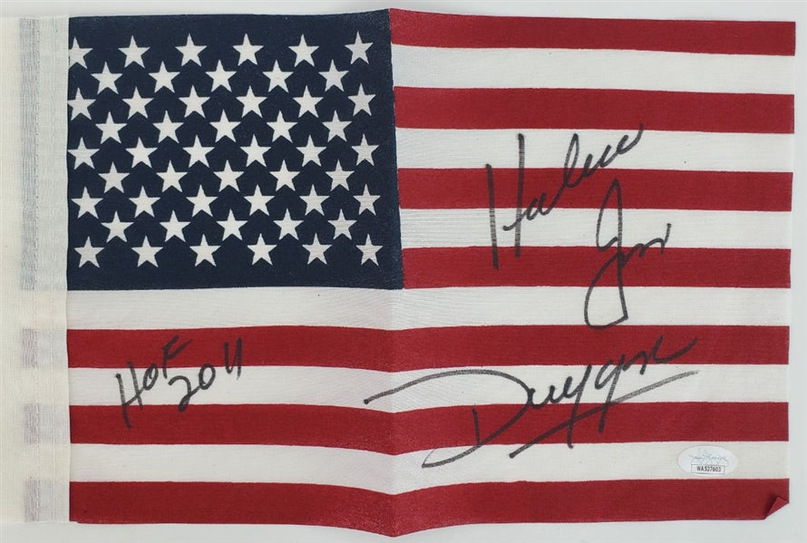 Hackshaw' Jim Duggan "HOF 2011" Signed (JSA) Mini American Flag (JSA Witness COA)