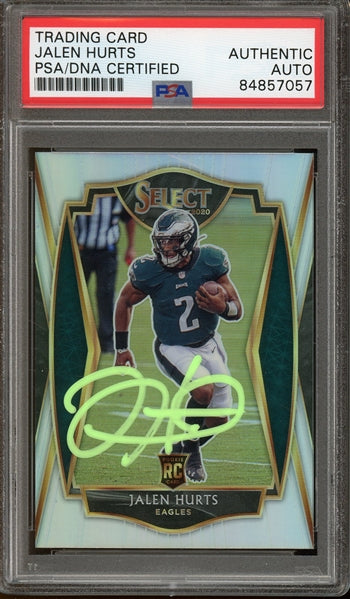 Jalen Hurts Signed 2020 Panini Select Premier Level #150 (PSA/DNA Encapsulated) - Rookie Card