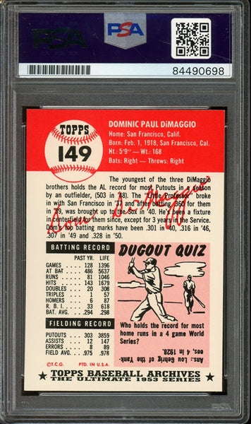 Dom DiMaggio Signed 1953 Topps Reprint Card- Auto Graded Gem Mint 10 (PSA/DNA)