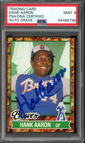 Hank Aaron Signed 1982 Topps Cracker Jack #9- Auto Graded Mint 9 (PSA/DNA)